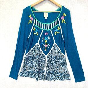Anthropologie Rio Rao Embroidered Long Sleeve Top Large Shirt Blue Spring Floral